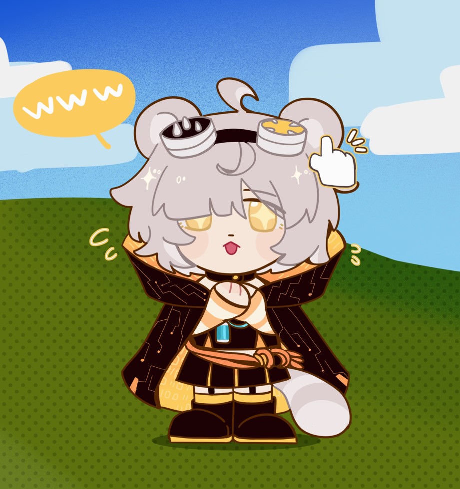 1girl ahoge animal_ears belt binary black_boots black_choker black_cloak black_shirt black_skirt bliss_(image) blue_sky blunt_bangs blush_stickers boots chibi choker circuit_board_print cloak cloud cloudy_sky cursor eyes_visible_through_hair flying_sweatdrops full_body garter_straps goggles goggles_on_head grass grey_hair halftone hands_on_own_chest hill long_sleeves looking_at_viewer magia_record:_mahou_shoujo_madoka_magica_gaiden magical_girl mahou_shoujo_madoka_magica miniskirt miwa_mitsune mocaccc mystical_high_collar orange_belt orange_cloak orange_eyes orange_sleeves orange_thighhighs outdoors own_hands_together print_cloak raccoon_ears raccoon_girl raccoon_tail shirt short_hair skirt sky solo sparkle sparkling_eyes speech_bubble spoken_www standing striped_sleeves swept_bangs tail thighhighs two-sided_cloak two-sided_fabric two-tone_cloak
