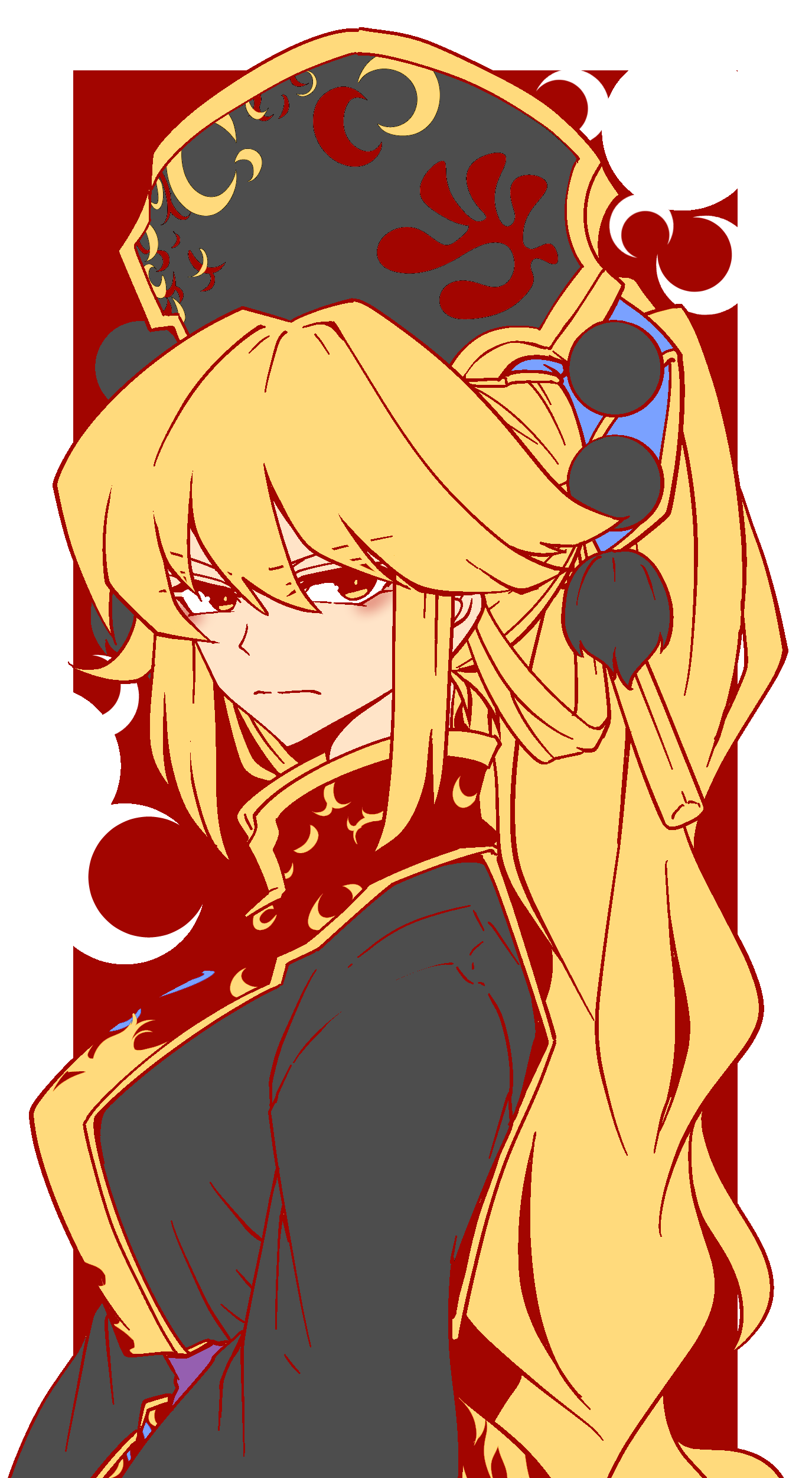 1girl absurdres belt black_dress black_hat blonde_hair border breasts chinese_clothes closed_mouth commentary_request crescent crescent_print dalachi_(headdress) dress from_side hair_between_eyes hat high_ponytail highres junko_(touhou) kikoka_(mizuumi) large_breasts long_hair long_sleeves looking_at_viewer mandarin_collar outside_border phoenix_print pom_pom_(clothes) ponytail purple_belt red_background red_eyes red_tabard sidelocks simple_background solo standing tabard tassel touhou v-shaped_eyebrows wavy_hair white_border wide_sleeves