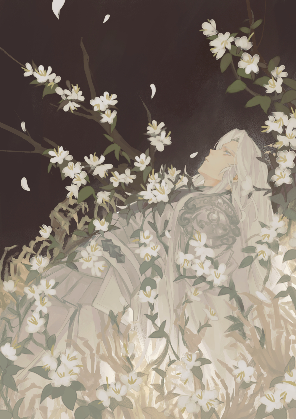 1boy armor black_background blue_eyes branch chinese_commentary falling_petals feet_out_of_frame flower from_side half-closed_eyes highres jinguang_budaixi leaf liuhe_shanshi long_hair looking_up lying male_focus night on_back pauldrons petals plant profile robe shoulder_armor solo very_long_hair white_flower white_hair zhao_yi