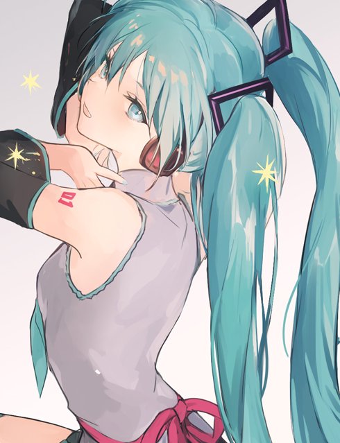 1girl aqua_eyes aqua_hair aqua_nails aqua_necktie armpits bare_shoulders black_sleeves collared_shirt detached_sleeves grey_background grey_shirt hair_between_eyes hair_ornament hairclip hatsune_miku headphones long_hair looking_at_viewer looking_back looking_to_the_side lpip necktie number_tattoo open_mouth pink_ribbon ribbon shirt shoulder_tattoo sidelocks sleeveless sleeveless_shirt solo star_(symbol) striped_sleeves tattoo thighs twintails very_long_hair vocaloid yellow_star