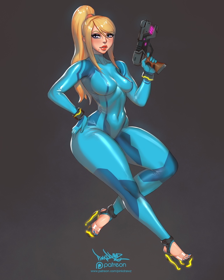 1girl blonde_hair blue_bodysuit blue_eyes bodysuit breasts feet gun high_heels latex long_hair looking_at_viewer metroid mole mole_under_mouth nintendo pinkdrawz ponytail samus_aran skin_tight smile solo weapon zero_suit
