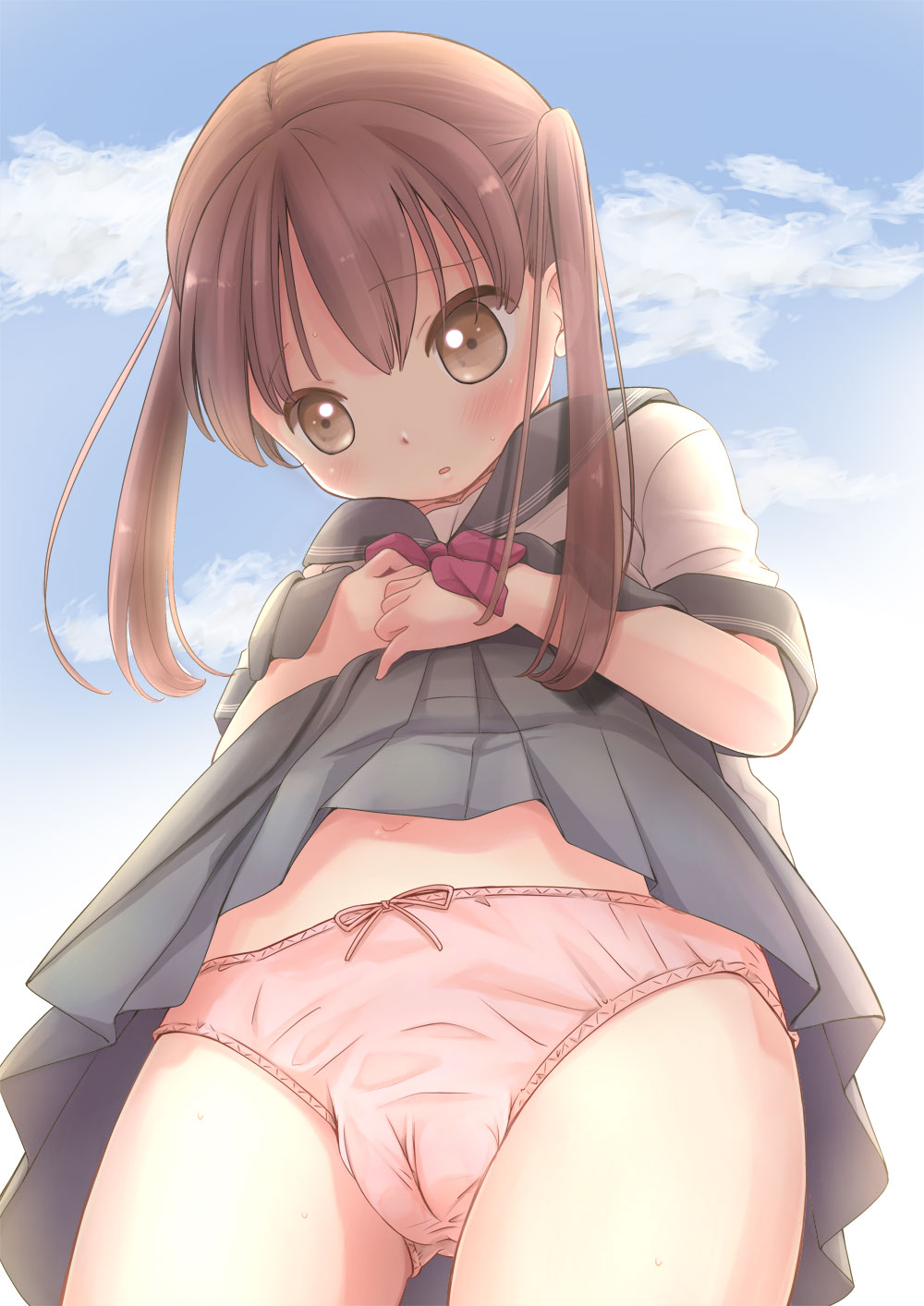 jjgirls ロ－アングル まんこ kiyomiya ryou, original, highres, 1girl, blush, bow, bow panties, brown  eyes, brown hair, cameltoe, clothes lift, day, female focus, from below,  long hair, looking down, navel, panties, pink panties, school uniform,  serafuku,