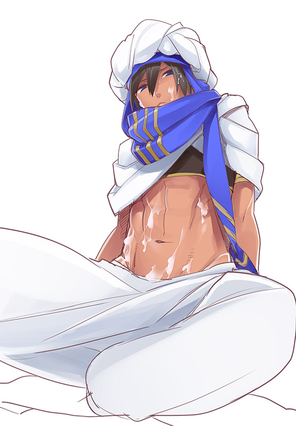 10s 1boy black_hair blue_eyes cum free! looking_at_viewer male_focus megumi-square nanase_haruka_(free!) simple_background tan white_background