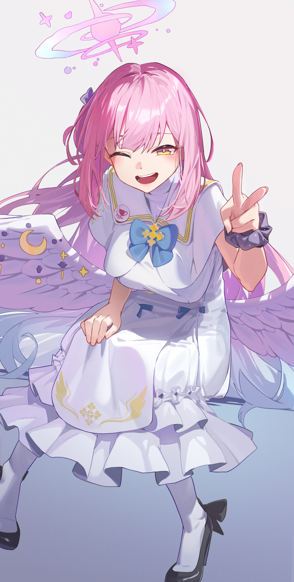 1girl angel_wings badge black_bow black_footwear blue_archive blue_bow blue_bowtie blush bow bowtie breasts button_badge capelet commentary cross dress feathered_wings fingernails flower footwear_bow hair_flower hair_ornament hair_ribbon halo high_heels highres large_breasts long_hair looking_at_viewer low_wings mika_(blue_archive) one_eye_closed open_mouth pantyhose pink_hair pink_halo pumps purple_flower reulem ribbon scrunchie smile solo teeth underbust v white_capelet white_dress white_pantyhose white_ribbon white_wings wings wrist_scrunchie yellow_eyes