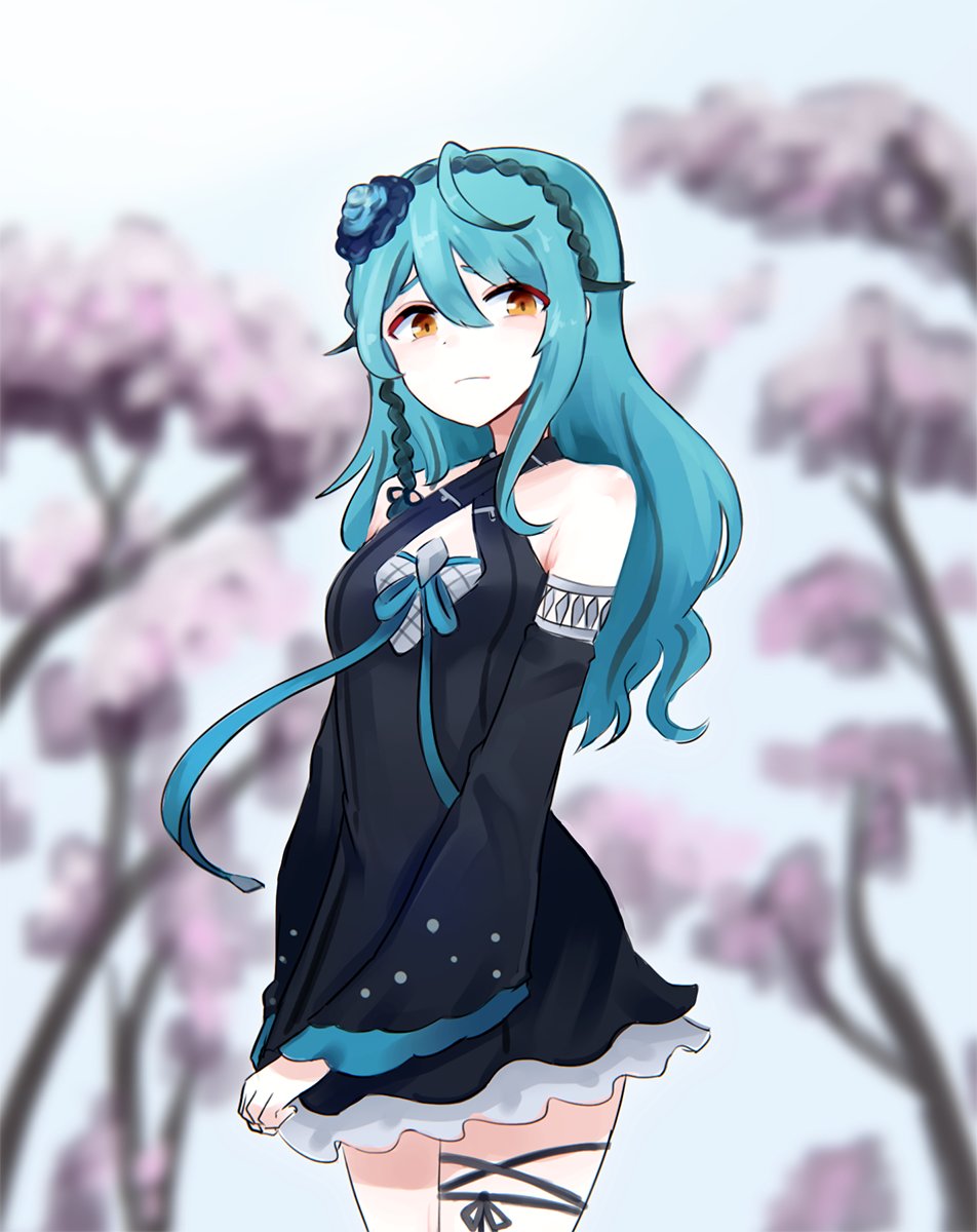 1girl black_dress blue_flower blue_hair blue_rose blurry blurry_background breasts cherry_blossoms clenched_hand dress eyebrows_hidden_by_hair eyeshadow flower frown hair_flower hair_ornament han_ma highres long_hair makeup nijisanji nijisanji_kr orange_eyes red_eyeshadow rose ryu_hari small_breasts solo thigh_strap virtual_youtuber