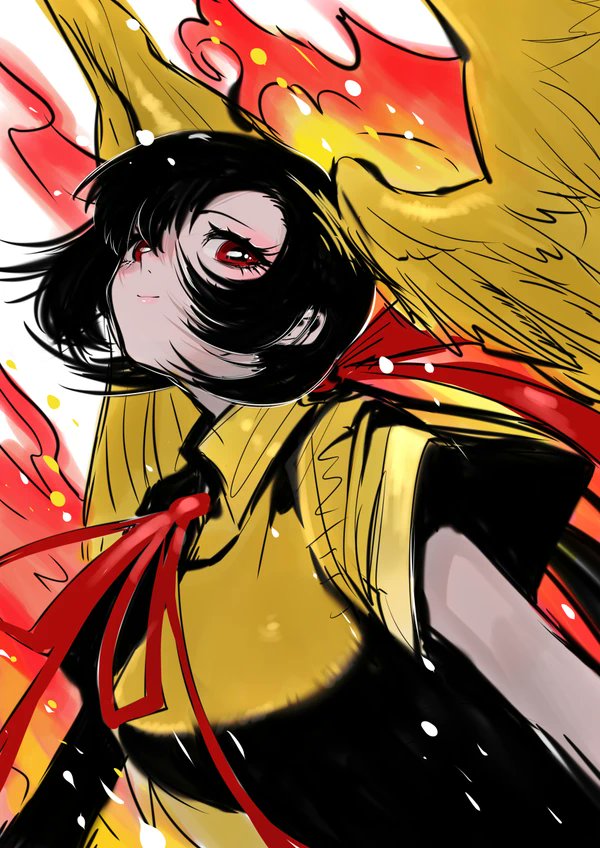 1girl bird_girl bird_wings black_hair feathered_wings head_wings hi_no_tori_(kemono_friends) kemono_friends long_hair looking_at_viewer necktie notora red_eyes red_necktie red_ribbon ribbon shirt simple_background solo sweater_vest wings yellow_sweater_vest