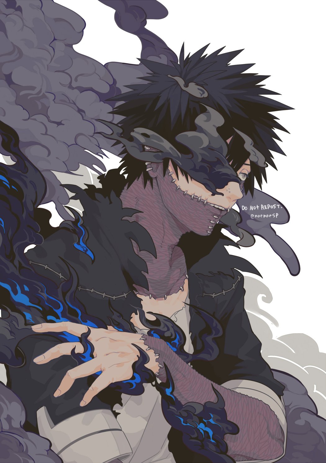 1boy adam&#039;s_apple black_hair black_jacket boku_no_hero_academia dabi_(boku_no_hero_academia) earrings face_piercing grey_eyes grey_shirt highres jacket jewelry looking_ahead maemaesp male_focus nose_piercing piercing scar shirt short_hair simple_background smoke solo spiked_hair stitched_face stitches teeth torn_clothes torn_jacket torn_shirt upper_body white_background