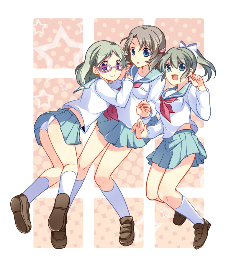 3girls aqua_eyes bad_id bad_pixiv_id blue_eyes bow brown_hair corpse_party glasses green_hair hair_bow kirisaki_touko kneehighs light_brown_hair long_hair multiple_girls open_mouth panties pantyshot ponytail purple_eyes school_uniform short_hair smile socks underwear urabe_emi white_panties yamamoto_mitsuki yukishiro365 yukishiro_(s_kiss)