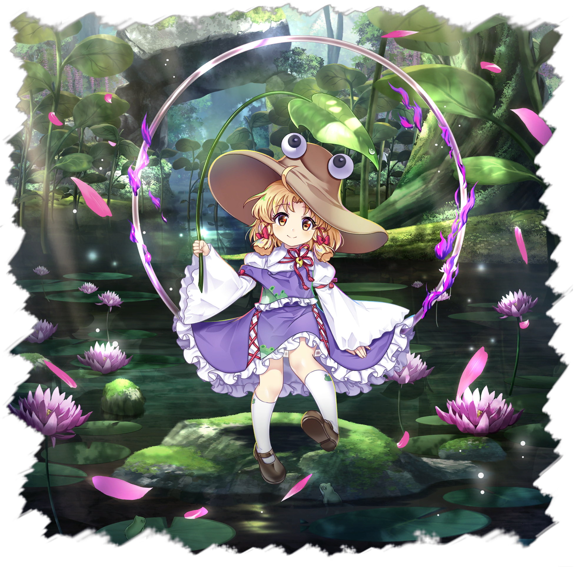 1girl aged_down animal_print blonde_hair brown_hat brown_shoes child closed_mouth cross-laced_clothes cross-laced_skirt embellished_costume falling_petals flower frilled_skirt frills frog_print full_body game_cg hair_ribbon hat highres holding juliet_sleeves kneehighs leaf leaf_umbrella long_sleeves looking_at_viewer mary_janes medium_hair moriya's_iron_rings moriya_suwako moriya_suwako_(moriya's_unofficial_tiny_god) official_art outdoors petals pink_petals plant print_socks puffy_sleeves purple_skirt purple_vest red_ribbon ribbon rotte_(1109) shoes sidelocks skirt skirt_set smile socks solo third-party_source touhou touhou_lostword transparent_background tress_ribbon vest water water_lily_flower white_socks wide_sleeves yellow_eyes