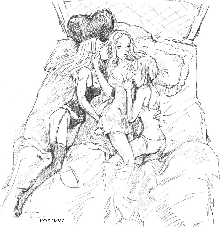 00s 3girls ass bed camisole clare_(claymore) claymore_(series) eva-st-clare fff_threesome greyscale group_sex irene lingerie monochrome multiple_girls nightgown panties sex teresa thighhighs threesome underwear yuri