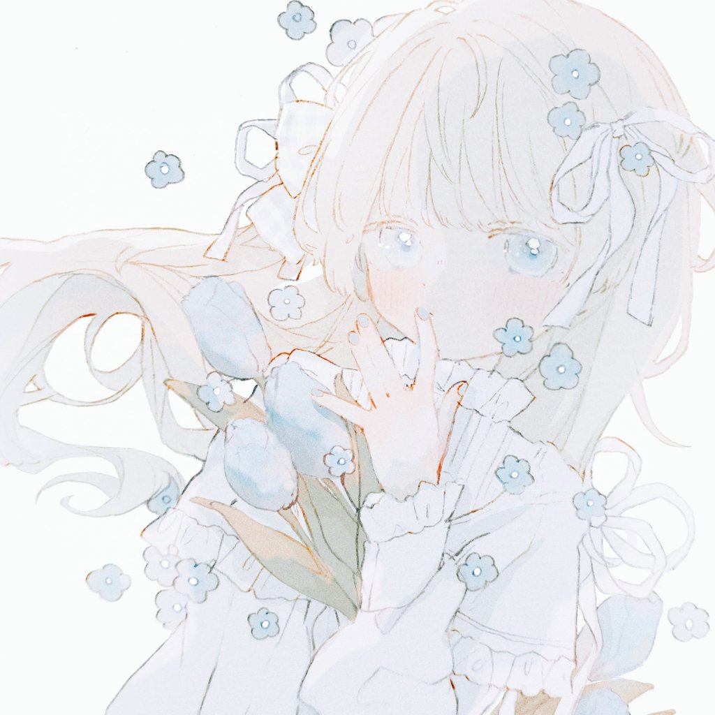 1girl blue_eyes blue_flower blue_nails blue_tulip blunt_bangs blush bow closed_mouth dot_mouth dot_nose dress eyelashes fingernails floating_hair flower hair_bow hair_ornament lilium_susan long_hair long_sleeves looking_at_viewer nail_polish original solo tulip upper_body white_background white_bow white_dress white_hair