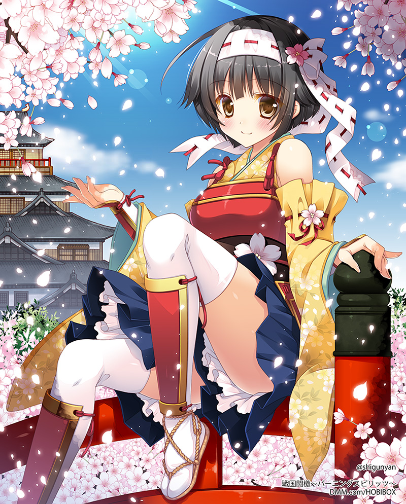 1girl architecture bare_shoulders black_hair blue_skirt brown_eyes castle cherry_blossoms copyright_name detached_sleeves east_asian_architecture flower hair_flower hair_ornament headband honda_komatsu japanese_clothes looking_at_viewer petals pleated_skirt sandals sengoku_tougeki~burning_spirits~ shigunyan short_hair sitting skirt solo thighhighs twitter_username white_headband white_thighhighs wide_sleeves