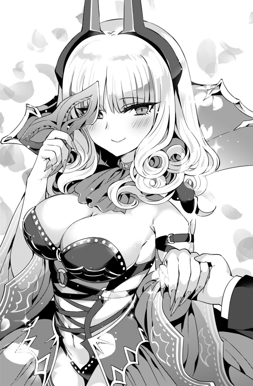 1girl 1other blush breasts carmilla_(fate) closed_mouth detached_sleeves eye_mask fate/grand_order fate_(series) hanabana_tsubomi highres holding holding_mask large_breasts long_sleeves looking_at_viewer mask medium_hair navel pov pov_hands revealing_clothes smile solo supportasse unworn_mask upper_body wide_sleeves