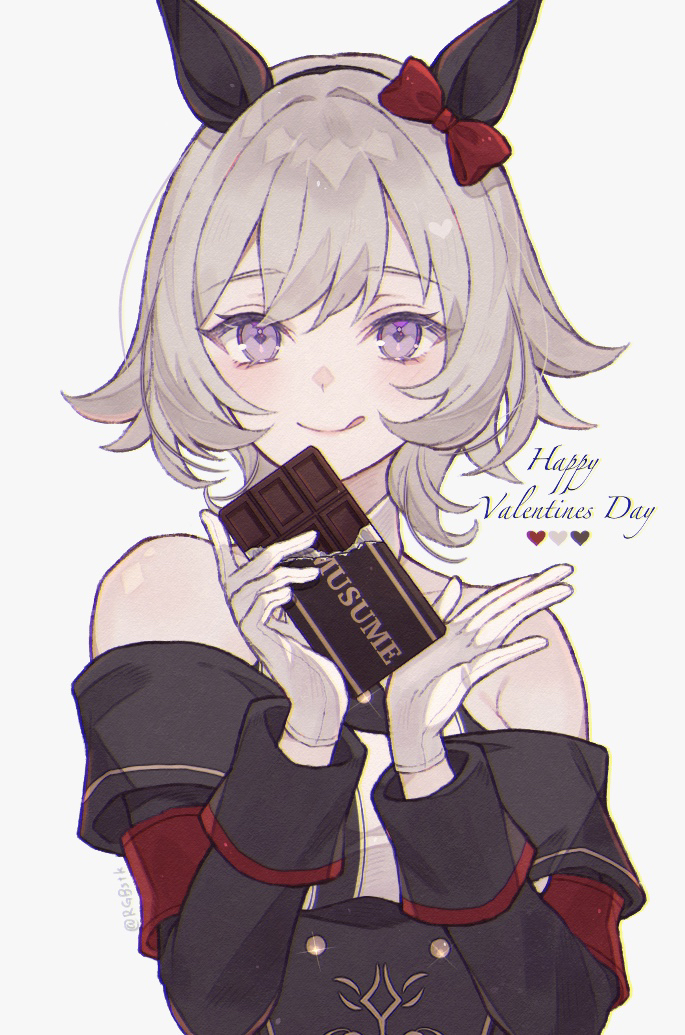 1girl :q animal_ears black_dress bow candy chocolate chocolate_bar closed_mouth clothing_cutout copyright_name curren_chan_(umamusume) cursive dress ear_bow english_text food gloves grey_background grey_hair halterneck happy_valentine heart holding holding_food horse_ears horse_girl licking_lips long_sleeves looking_at_viewer purple_eyes red_bow satsuki_(miicat) short_hair shoulder_cutout simple_background smile solo tongue tongue_out twitter_username umamusume upper_body valentine white_gloves