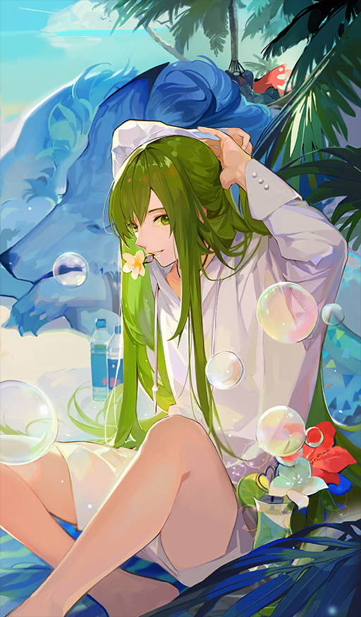 1boy 1other animal arms_behind_head bare_legs barefoot beach blue_sky bottle bubble cloud commentary cup day drink drinking_glass enkidu_(fate) fate/grand_order fate_(series) flower flower_hairtie flower_request food fruit green_eyes green_hair hair_tie hammock headless hessian_(fate) hibiscus hurricane_glass light_particles light_smile lime_(fruit) lime_slice lobo_(fate) long_hair long_sleeves looking_at_viewer mouth_hold nineo official_art on_hammock other_focus outdoors palm_tree red_flower shirt shorts sidelocks sitting sky sleeping smile solo_focus sunlight teeth third-party_source tree tropical_drink tying_hair very_long_hair water_bottle white_flower white_shirt white_shorts wolf