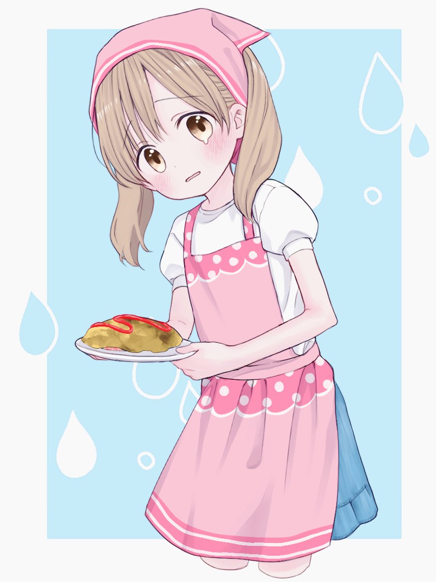 1girl apron bandana blue_background blue_skirt blush border brown_eyes brown_hair chef_hat commentary_request cropped_legs food hat highres holding holding_plate looking_at_viewer medium_hair omelet omurice open_mouth original pink_apron pink_bandana plate puffy_short_sleeves puffy_sleeves shirt short_sleeves skirt solo standing toque_blanche twintails waramugu white_border white_shirt