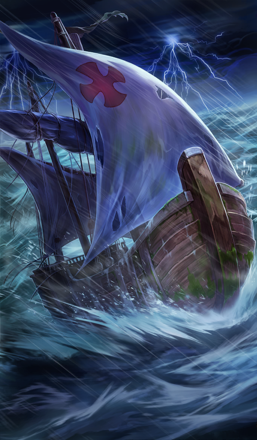 afloat aqua_background blue_sky boat cloud cloudy_sky commentary cross cross_patty fate/grand_order fate_(series) lasengle lightning moss motion_blur no_humans ocean official_art outdoors rain sailboat sky splashing storm third-party_source vehicle_focus watercraft waves