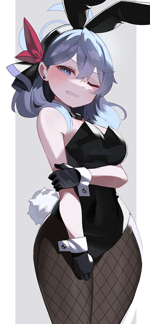1girl ako_(blue_archive) animal_ears aqua_halo black_ears black_hairband black_leotard blue_archive blue_eyes blue_hair bow_hairband breasts cameltoe crescent_halo detached_collar double-parted_bangs earrings fake_animal_ears fake_tail falken_(yutozin) fishnet_pantyhose fishnets hair_behind_ear hair_over_shoulder hair_ribbon hairband halo jewelry large_breasts leotard long_hair one_eye_closed pantyhose playboy_bunny rabbit_ears rabbit_tail red_ribbon ribbon sidelocks solo strapless strapless_leotard stud_earrings tail wavy_hair white_wrist_cuffs wrist_cuffs