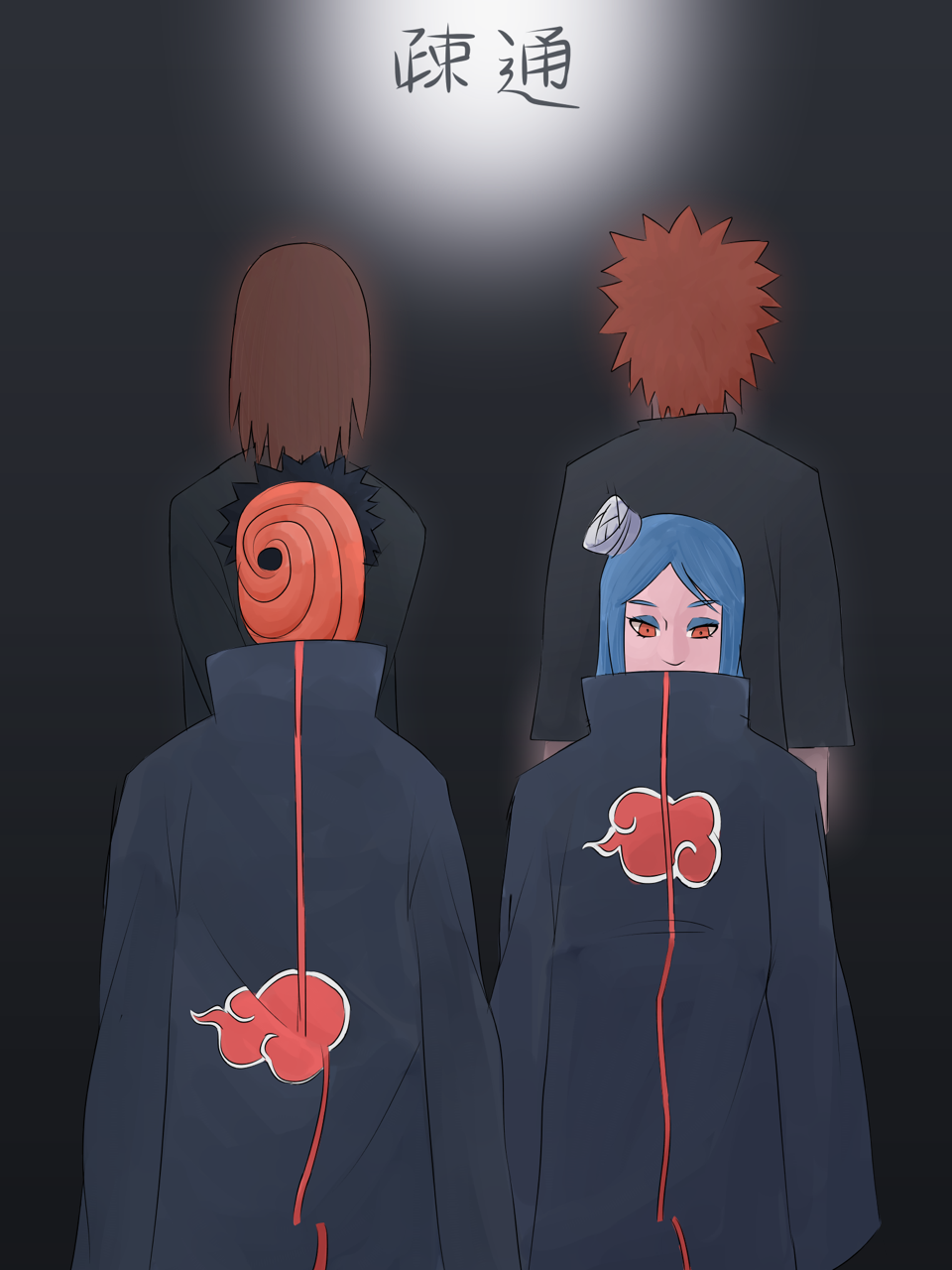 2boys 2girls akatsuki_(naruto) akatsuki_uniform black_hair blue_hair brown_hair cloak ghost high_collar highres konan_(naruto) long_sleeves makeup masked_madara multiple_boys multiple_girls naruto_(series) naruto_shippuuden nohara_rin orange_eyes orange_hair shokuto short_hair spiked_hair tobi_(naruto) uchiha_obito yahiko_(naruto)