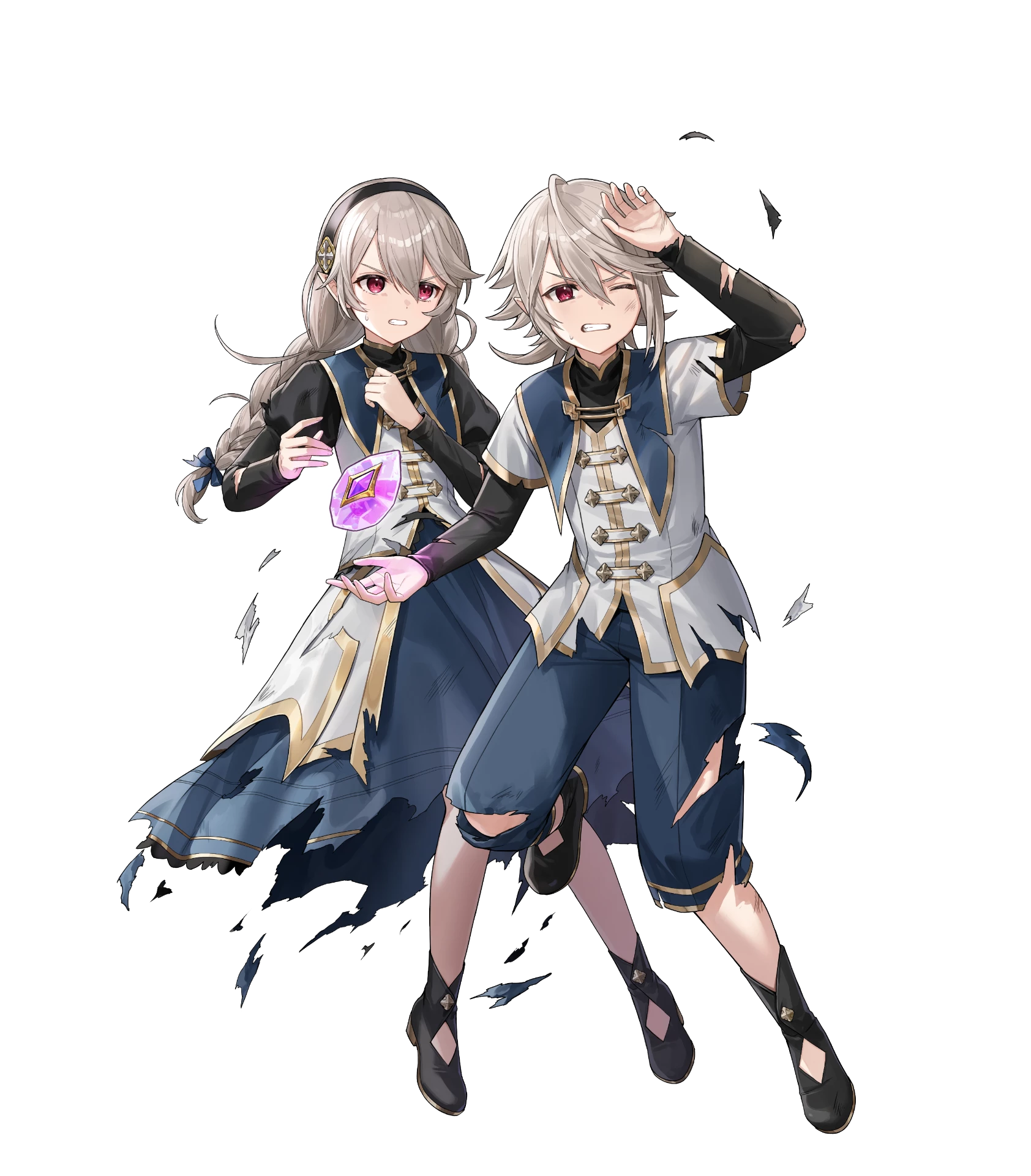 1boy 1girl black_hairband braided_twintails clenched_teeth corrin_(female)_(fire_emblem) corrin_(female)_(young_kinship)_(fire_emblem) corrin_(fire_emblem) corrin_(male)_(fire_emblem) corrin_(male)_(young_kinship)_(fire_emblem) damaged dragonstone dual_persona fire_emblem fire_emblem_fates fire_emblem_heroes grey_hair hairband highres matching_outfits mirror_twins nintendo non-web_source official_art one_eye_closed pointy_ears protecting red_eyes siblings teeth torn_clothes twins twintails v-shaped_eyebrows