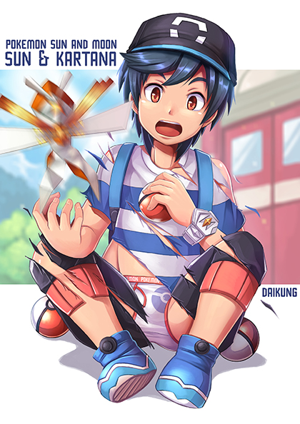 1boy artist_name baseball_cap black_hair black_hat brown_eyes capri_pants commentary daikung elio_(pokemon) english_commentary gen_7_pokemon hat holding holding_poke_ball kartana male_focus male_underwear nintendo open_mouth pants photoshop_(medium) poke_ball poke_ball_(basic) pokemon pokemon_(creature) pokemon_sm shirt sitting slicing striped_clothes striped_shirt swept_bangs t-shirt teeth tongue torn_clothes torn_pants torn_shirt ultra_beast underwear upper_teeth_only z-ring