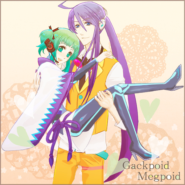 1boy 1girl ahoge carrying cosplay costume_switch couple green_hair gumi gumi_(cosplay) headset hetero holding kamui_gakupo kamui_gakupo_(cosplay) long_hair meka00 princess_carry purple_hair smile very_long_hair vocaloid