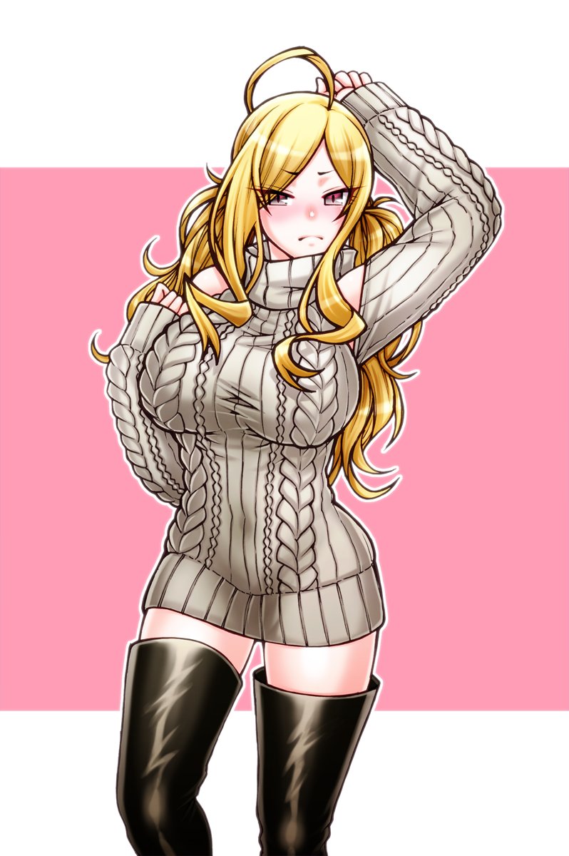 1girl ahoge blonde_hair blush boots borrowed_character breasts chiba_toshirou commentary_request detached_sleeves dress frown highres indie_virtual_youtuber large_breasts long_hair original shishidera_karen sleeveless sleeveless_turtleneck sleeves_past_wrists solo sweater sweater_dress thigh_boots turtleneck turtleneck_dress virtual_youtuber