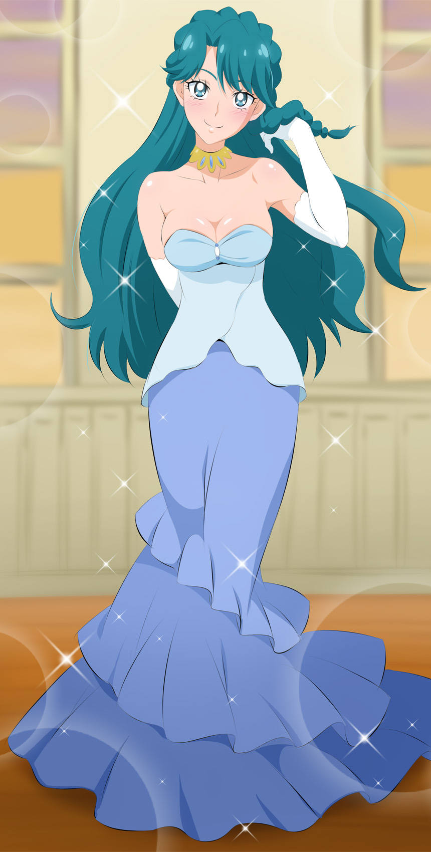 1girl blue_eyes blue_hair blue_shirt blue_skirt breasts cleavage elbow_gloves fuchi_(nightmare) full_body gloves go!_princess_precure highres indoors jewelry kaidou_minami large_breasts long_hair looking_at_viewer precure shirt skirt smile solo standing strapless strapless_shirt white_gloves