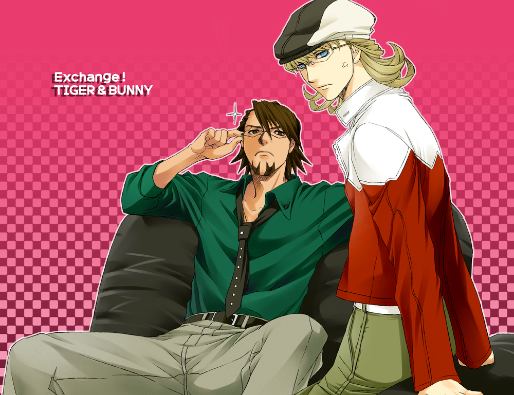 10s 2boys anger_vein barnaby_brooks_jr. belt blonde_hair blue_eyes brown_eyes brown_hair newsboy_cap checkered_background facial_hair glasses hat jacket kaburagi_t._kotetsu male_focus multiple_boys necktie red_jacket short_hair stubble tiger_&amp;_bunny toyu