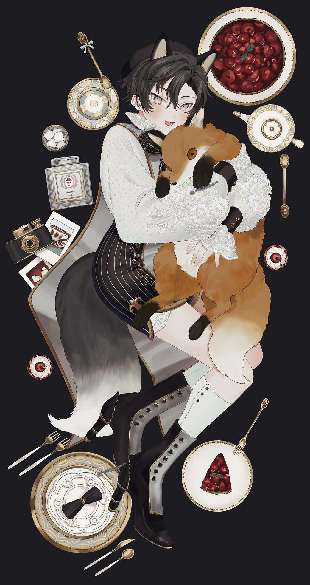 1boy :d animal animal_ears animal_hug artist_name black_hair blush boots bow bowtie camera cherry commentary fang food fork fox_boy fox_ears fox_tail fruit hair_between_eyes hat high_heel_boots high_heels highres knee_up knife long_sleeves looking_at_viewer lower_teeth_only mege_(megechan) open_mouth original plate short_hair smile solo spoon stuffed_animal stuffed_toy sugar_cube tail teapot teeth tongue translated