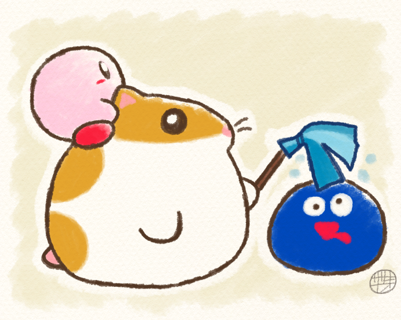 black_eyes blush_stickers bright_pupils drooling duster full_body gooey_(kirby) grey_background hamster holding holding_duster kirby kirby_(series) mouth_drool nintendo no_humans open_mouth rick_(kirby) riding riding_animal sasakinao signature whiskers white_pupils