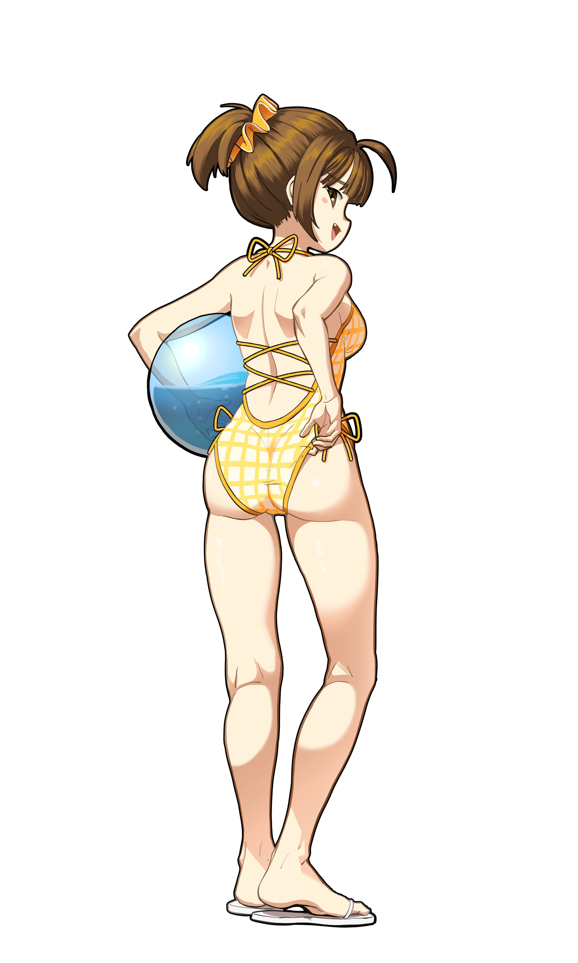 1girl absurdres ass back ball brown_hair character_request copyright_request flip-flops from_behind full_body heydove highres looking_at_viewer looking_back one-piece_swimsuit open_mouth ponytail sandals short_ponytail simple_background smile solo standing swimsuit white_background yellow_one-piece_swimsuit