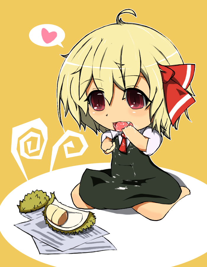 1girl ahoge altronage barefoot blonde_hair blush chibi dress drooling durian eating fang female_focus food fruit hair_ribbon heart red_eyes ribbon rumia short_hair sitting solo spoken_heart touhou wariza