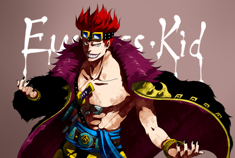 1boy abs black_nails cape character_name chinese_commentary clenched_teeth collarbone commentary_request eilinna eustass_kid fur_cape goggles goggles_on_head grin gun handgun looking_at_viewer male_focus mixed-language_commentary nail_polish one_piece open_clothes red_hair red_lips sash short_hair smile solo teeth weapon