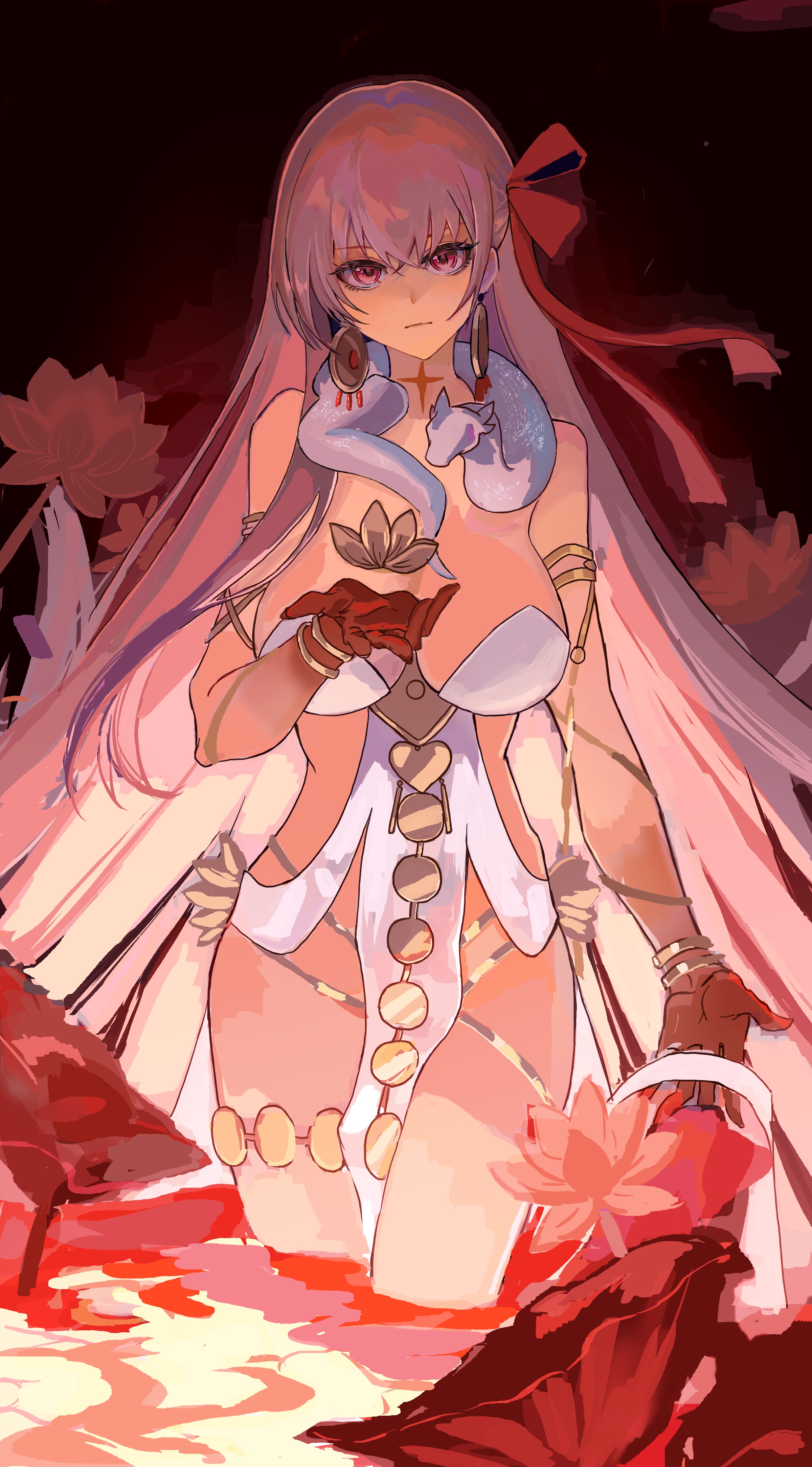1girl absurdres armlet bare_shoulders belly_chain bracelet breasts cleavage durga_(fate) durga_(first_ascension)_(fate) fate/grand_order fate_(series) highres jewelry large_breasts long_hair looking_at_viewer pelvic_curtain red_eyes snake solo star_(user_hnnj2442) thighs white_hair