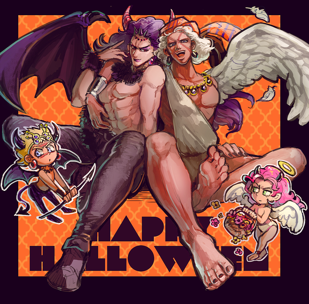 4boys angel angel_wings bad_id bad_pixiv_id barefoot basket battle_tendency chibi chocoblood demon_horns demon_tail demon_wings esidisi halloween halo hat horns jojo_no_kimyou_na_bouken kars_(jojo) multiple_boys polearm purple_hair santana_(jojo) single_wing soles symmetry tail toga trident turban wamuu weapon white_hair wings