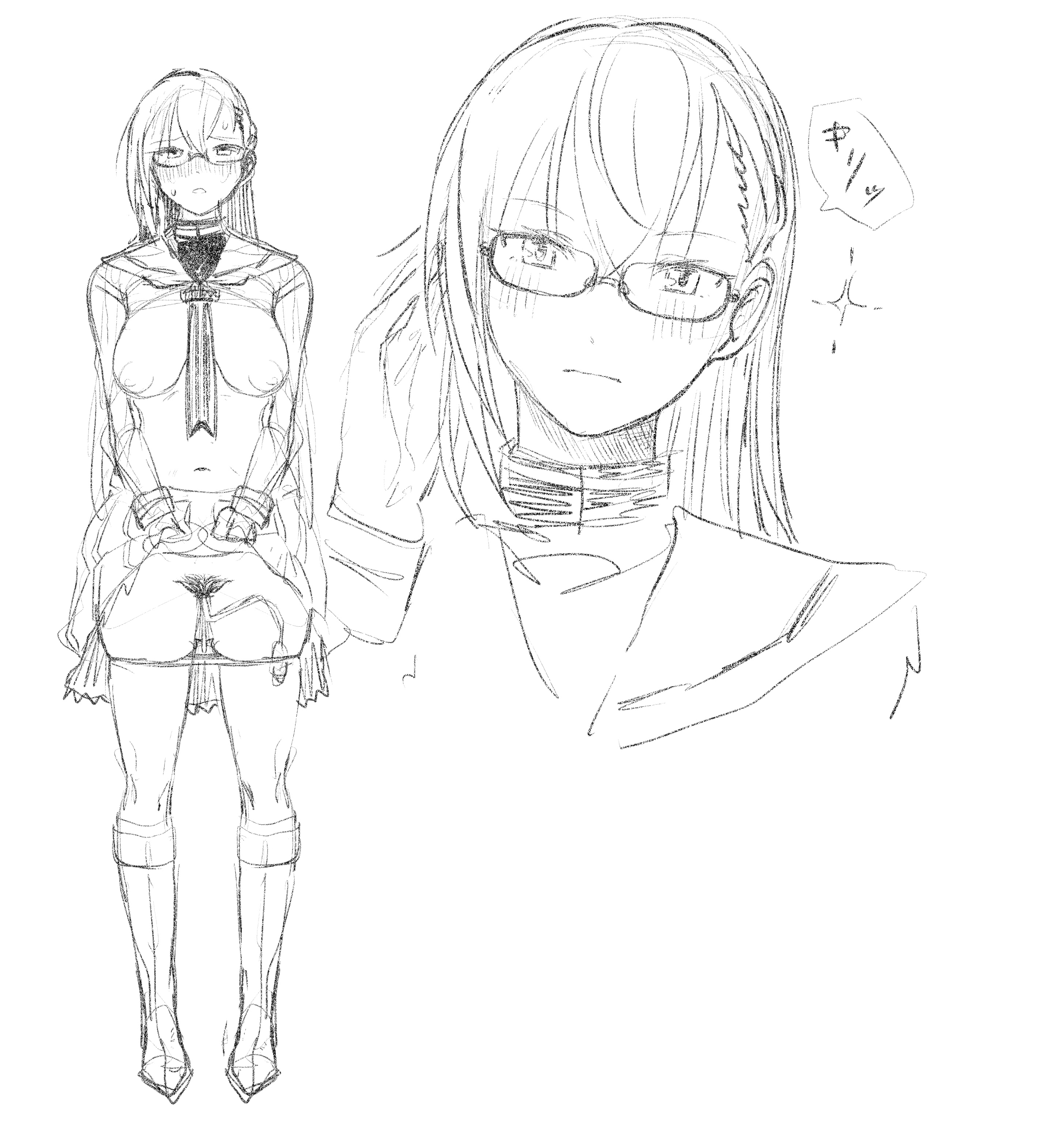 1girl absurdres ayanokouji_martial_arts_school_uniform blush boots breasts closed_mouth clothes_lift commentary_request female_pubic_hair full_body furrowed_brow glasses greyscale hair_between_eyes highres kitora_mirja large_breasts lifting_own_clothes long_hair looking_at_viewer miniskirt monochrome multiple_views navel neckerchief nipples object_insertion panties panty_pull parted_lips pleated_skirt pubic_hair school_uniform serafuku sex_toy shirt simple_background sketch skirt skirt_lift sparkle speech_bubble standing stomach thigh_boots toji_no_miko translation_request underwear vaginal vaginal_object_insertion white_background white_shirt winter_uniform yamamoto_kichiko