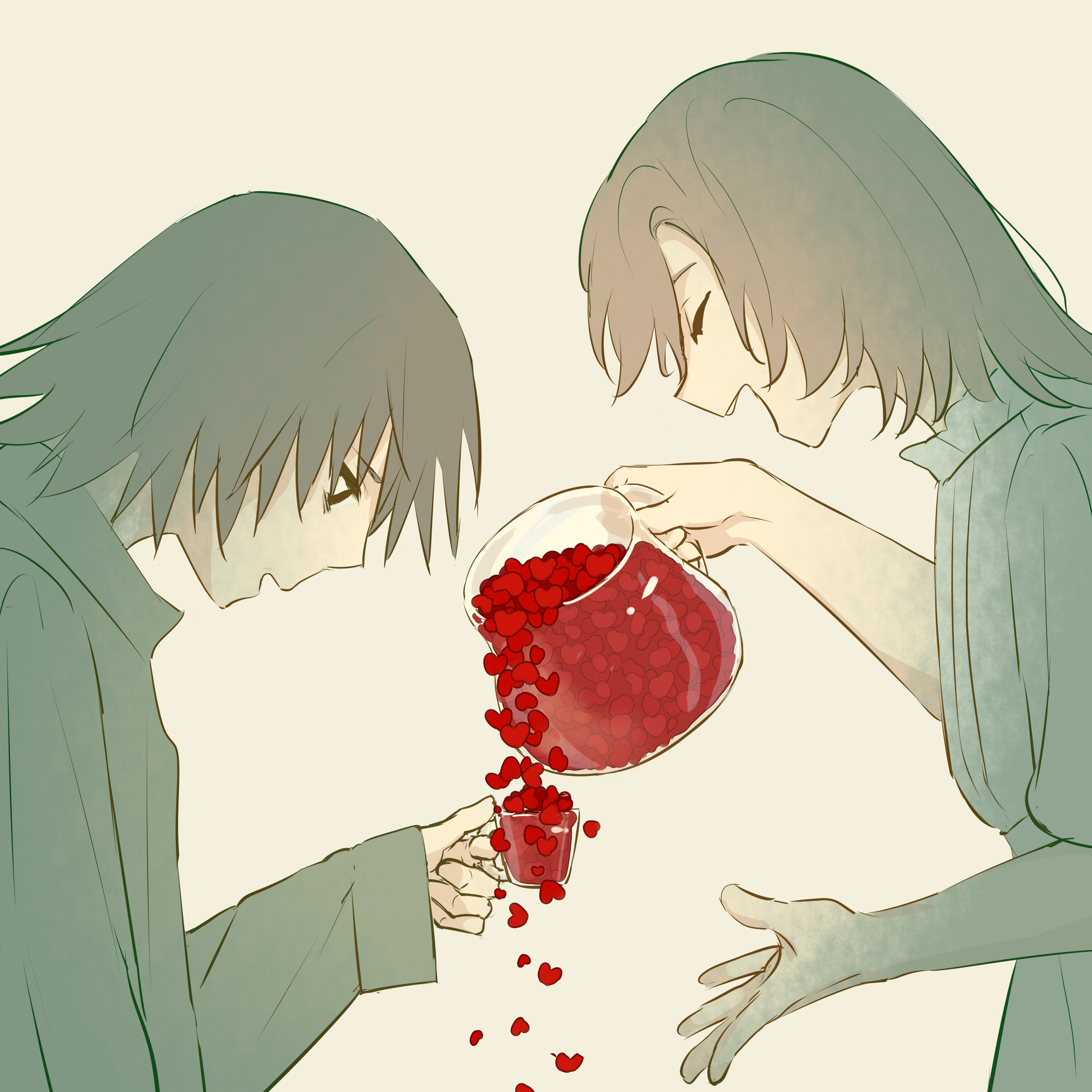1boy 1girl absurdres avogado6 black_eyes closed_eyes cup dress from_side grey_hair heart highres holding holding_cup holding_pitcher long_sleeves looking_down medium_hair open_mouth original overflowing pitcher_(container) pouring profile shirt simple_background symbolism white_background