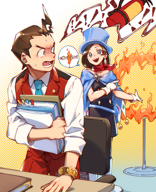 ! 1boy 1girl ace_attorney angry annoyed antenna_hair apollo_justice asymmetrical_hair blue_cape blue_eyes blue_headwear blue_necktie book boots bracelet brown_eyes brown_hair cape collared_shirt desk diamond_(shape) dress earrings envelope fire fire_extinguisher gem gloves green_gemstone happy hat hi-fi_(fijazzy) holding holding_envelope holding_paper jacket jewelry looking_at_another looking_back magic_trick magical_girl magician necktie open_mouth paper pointing pouch red_jacket ring_of_fire scarf shirt short_hair sleeveless sleeveless_dress sleeveless_jacket sleeves_rolled_up spade_(shape) speech_bubble swivel_chair teeth top_hat trucy_wright white_footwear white_gloves white_shirt