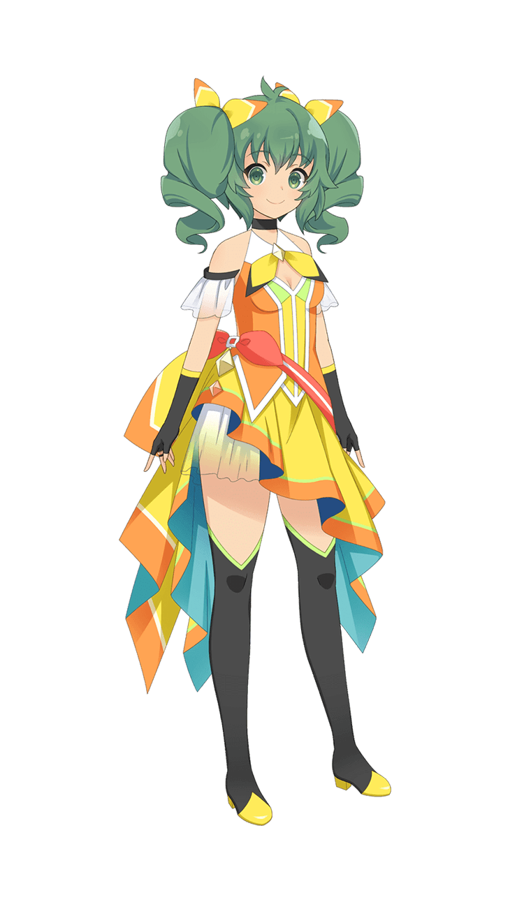 assault_lily black_gloves black_thighhighs breasts cleavage fingerless_gloves game_cg gloves green_eyes green_hair hair_ornament highres magical_girl official_art short_hair smile thighhighs twintails white_background yoshimura_thi_mai