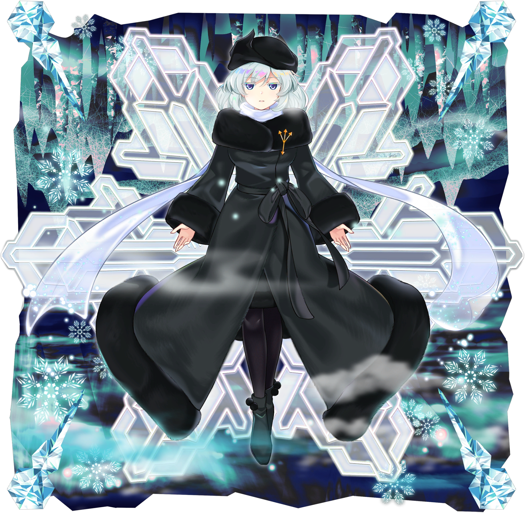 1girl alternate_costume alternate_headwear_color black_dress black_hat black_pantyhose closed_mouth dress expressionless fur-trimmed_sleeves fur_trim game_cg grey_hair hat highres ice letty_whiterock long_hair long_sleeves looking_at_viewer official_art pantyhose purple_eyes rotte_(1109) russian_clothes shoes snowflakes solo third-party_source touhou touhou_lostword transparent_background