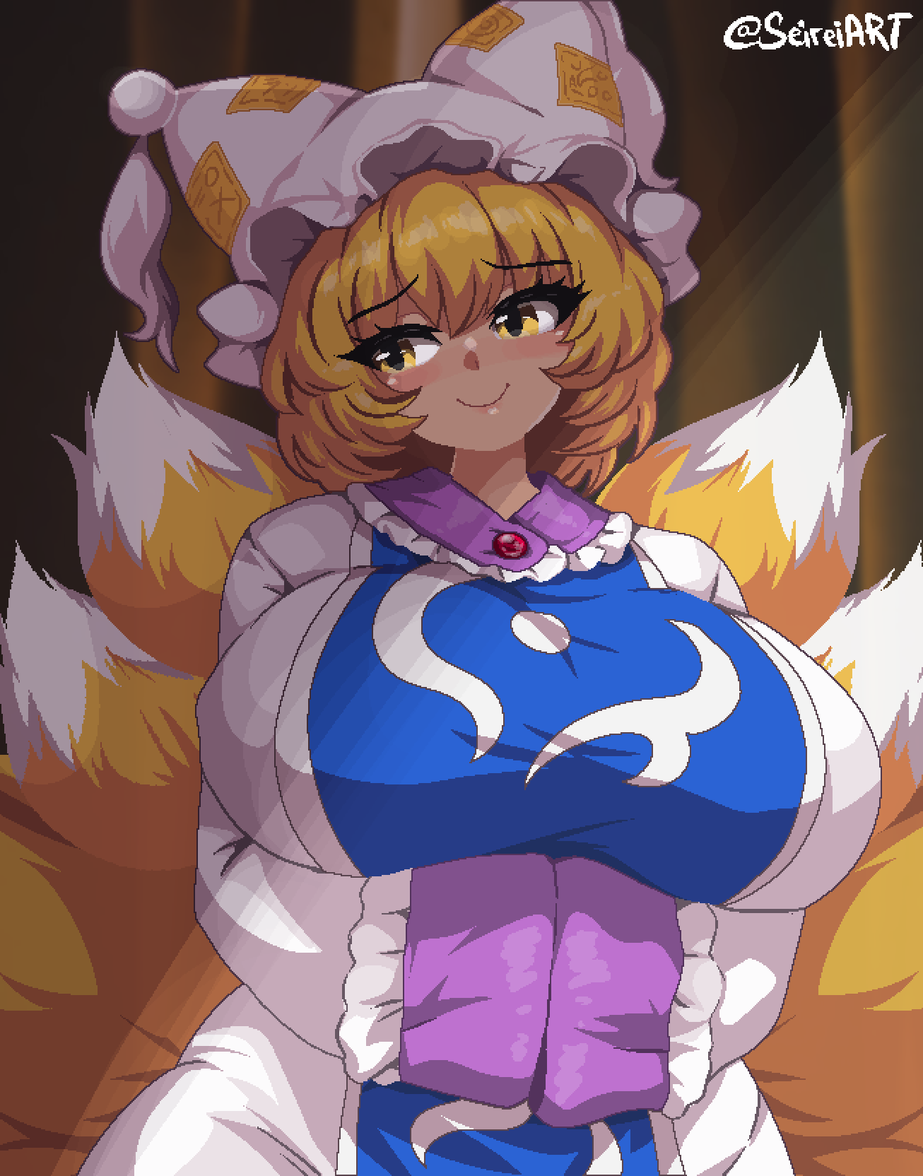 1girl animal_ears blonde_hair blush breasts brooch curvy eyebrows_hidden_by_hair eyelashes fox_ears fox_tail frilled_sleeves frills hands_in_opposite_sleeves hat highres huge_breasts jewelry kitsune kyuubi looking_to_the_side mob_cap multiple_tails ofuda seireiart short_hair shy smile standing tabard tail touhou wide_hips yakumo_ran yellow_eyes