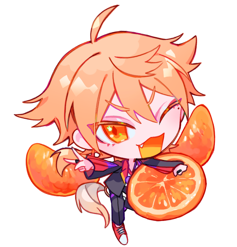 1boy :3 ahoge black_jacket black_pants chibi chibi_only colored_mouth colored_tongue commentary_request fang food fruit full_body fushimi_gaku fushimi_gaku_(1st_costume) hair_between_eyes hair_flaps himanemuitoma jacket jewelry long_sleeves low_ponytail male_focus mandarin_orange mandarin_orange_slice nijisanji one_eye_closed open_clothes open_jacket open_mouth orange_(fruit) orange_slice outstretched_arm pants ponytail red_footwear ring simple_background smile solo standing standing_on_one_leg tail tongue v v-shaped_eyebrows virtual_youtuber white_background