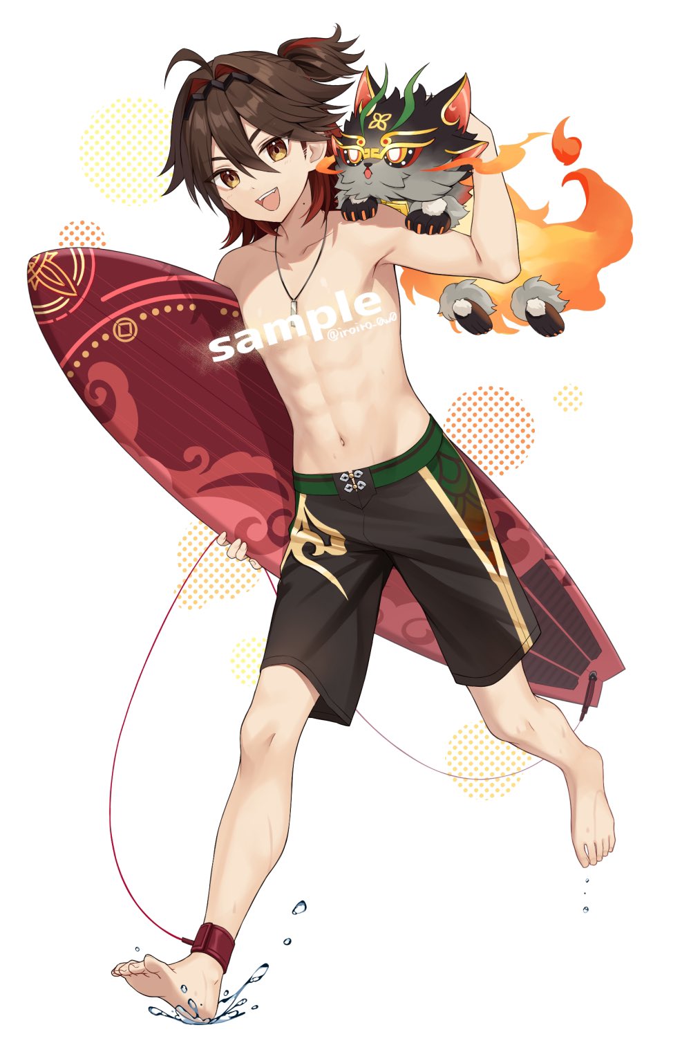 1boy barefoot brown_eyes brown_hair brown_male_swimwear feet gaming_(genshin_impact) genshin_impact gloves hair_between_eyes hairband highres iroiro_0w0 jewelry looking_at_viewer male_focus male_swimwear man_chai_(genshin_impact) multicolored_hair navel necklace open_mouth red_hair smile solo stomach surfboard toes topless_male white_background