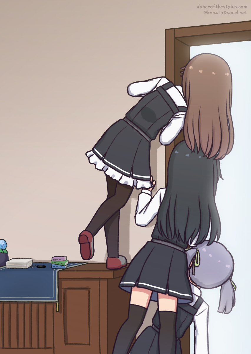 3girls arashio_(kancolle) arashio_kai_ni_(kancolle) asashio_(kancolle) black_hair black_pantyhose black_thighhighs brown_hair dress frilled_dress frills from_behind green_ribbon grey_hair hair_ribbon highres kantai_collection konato_k long_sleeves multiple_girls ooshio_(kancolle) pantyhose pinafore_dress ribbon school_uniform shirt sleeveless sleeveless_dress thighhighs twintails white_shirt