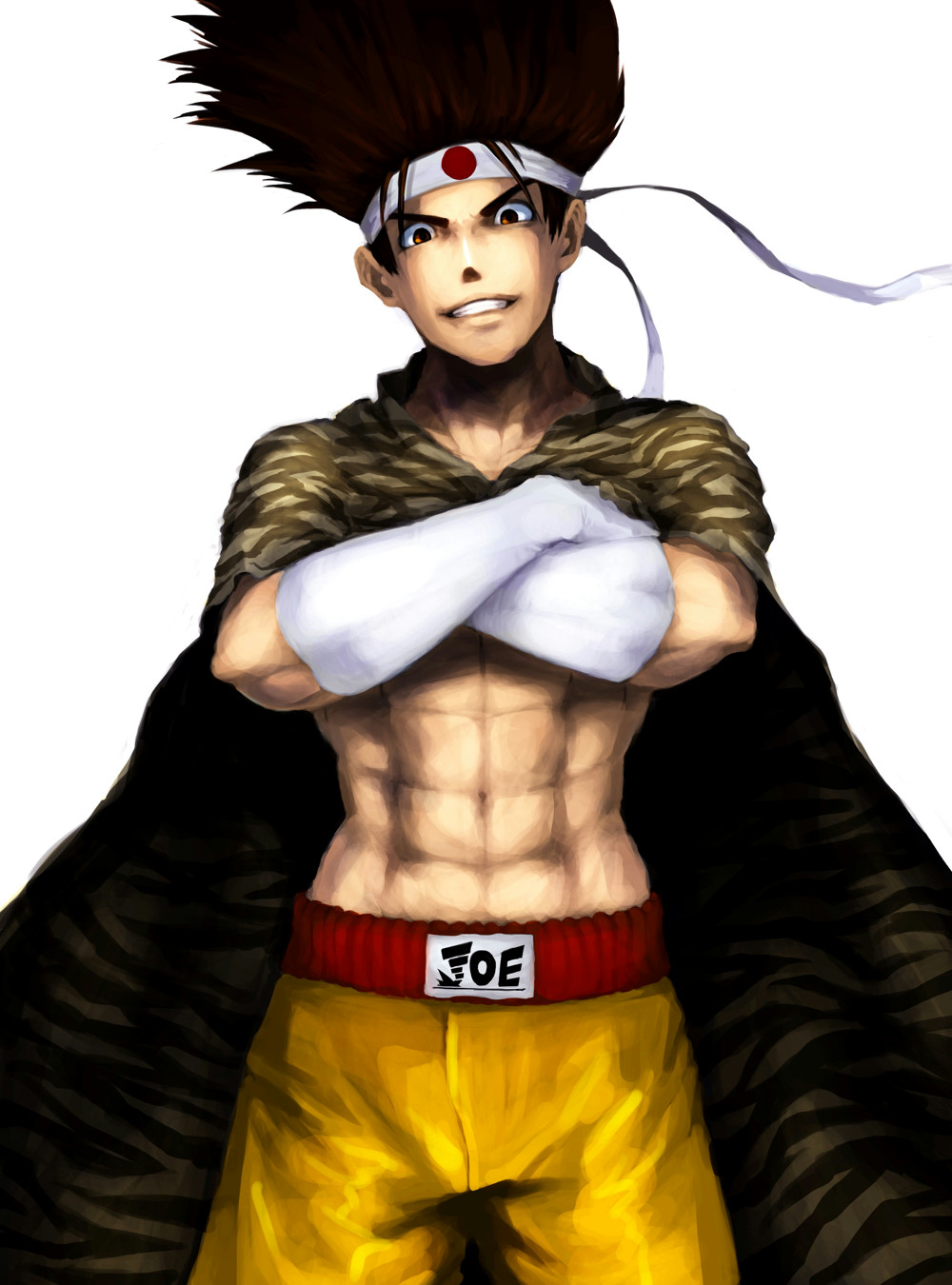 1boy animal_print big_hair brown_hair cape crossed_arms fatal_fury food_fighter_441 grin headband highres japanese_flag joe_higashi male_focus muscular pectorals ryuuko_no_ken topless_male shorts smile solo spiked_hair the_king_of_fighters tiger_print