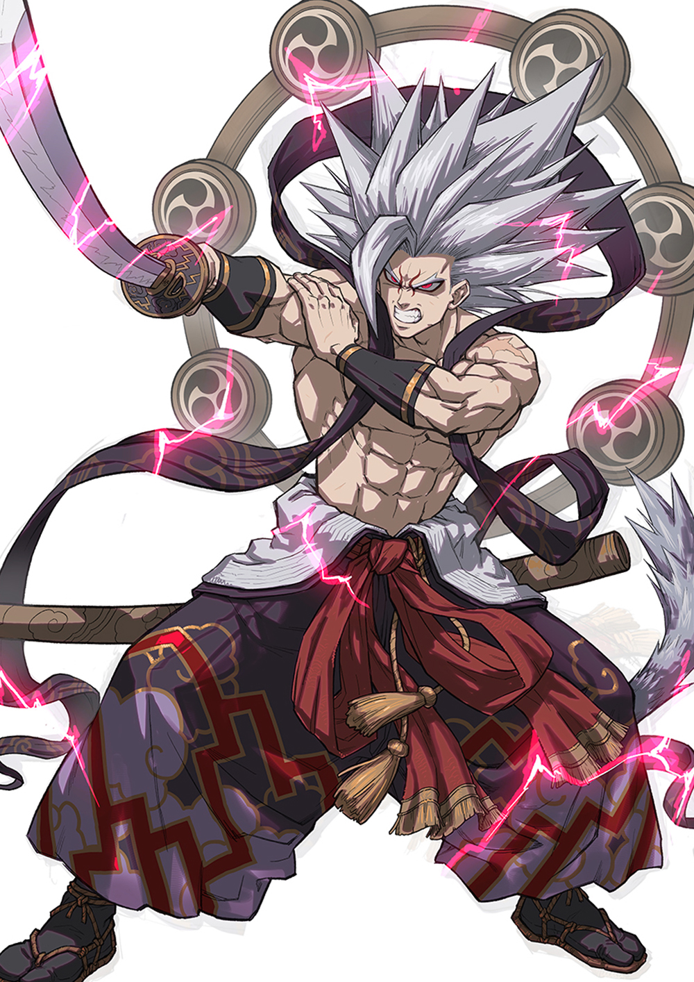 1boy abs alternate_costume angry dragon_ball energy fighting_stance gohan_beast highres japanese_clothes katana kimono magatama male_focus muscular muscular_arms muscular_male no_shirt ornament partially_undressed pectorals pointy_hair power red_eyes slippers solo son_gohan sword weapon white_hair yukata