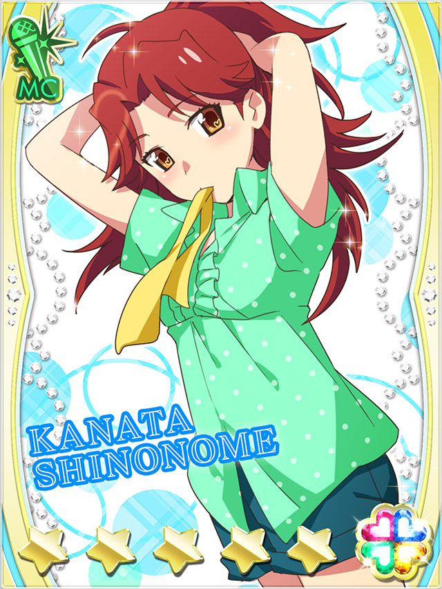 1girl akb0048 arms_behind_head arms_up blue_background blue_shorts card_(medium) character_name dutch_angle from_side green_shirt heart high_ponytail long_hair looking_at_viewer looking_to_the_side mouth_hold non-web_source official_art orange_eyes ponytail red_hair ribbon ribbon_in_mouth shinonome_kanata shirt short_sleeves shorts solo sparkle standing star_(symbol) tying_hair yellow_ribbon