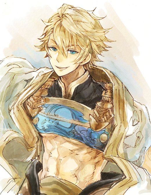 1boy abs ahoge aladdin_(sinoalice) aqua_eyes arabian_clothes armor bare_pectorals blonde_hair breastplate cape grin looking_at_viewer male_focus parted_lips pectorals short_hair simple_background sino_nb3 sinoalice smile solo