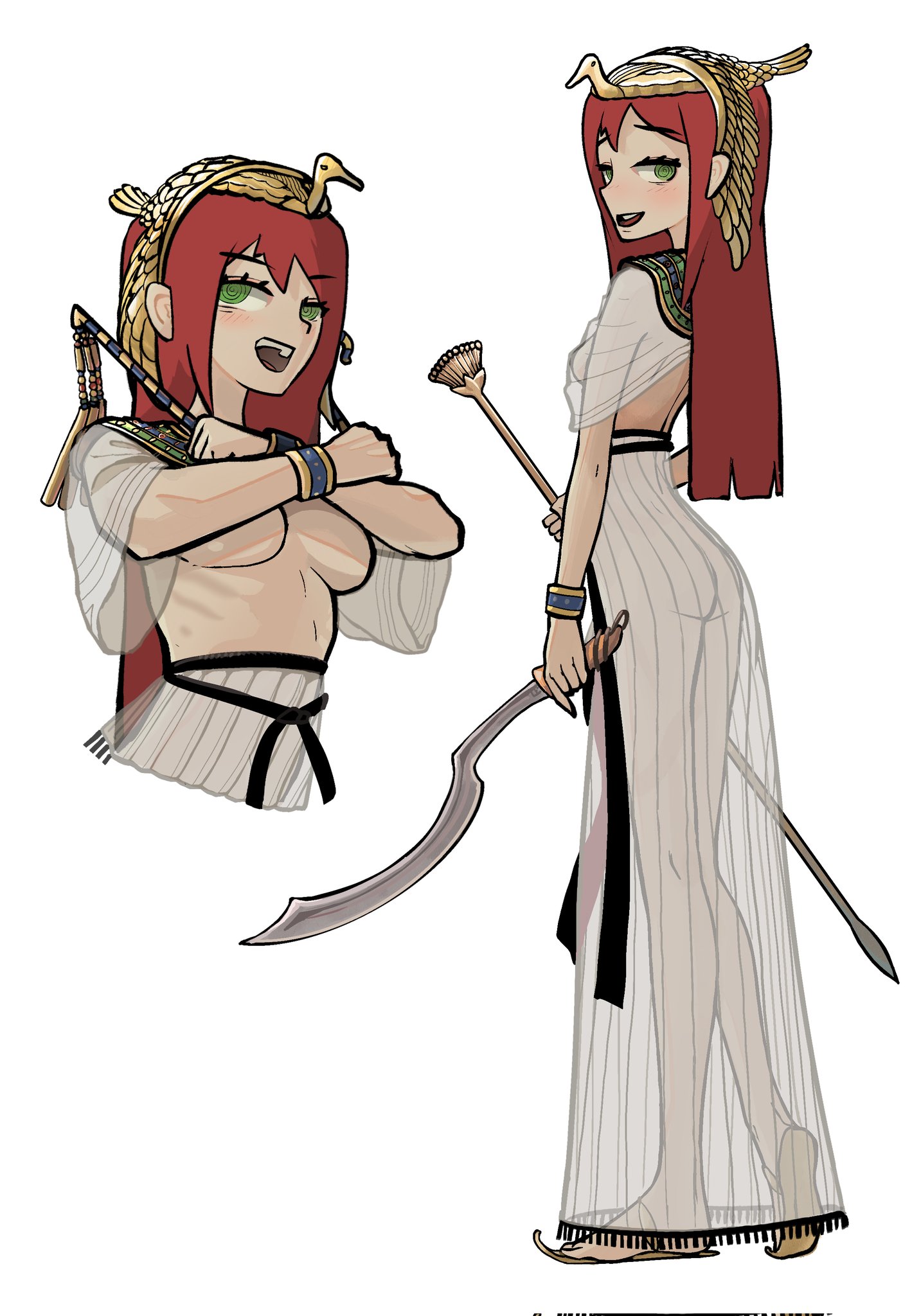 1girl ancient_egyptian_clothes bracelet breasts dress green_eyes headdress highres holding holding_weapon jewelry khopesh long_hair medium_breasts original red_hair sebear_ours see-through_clothes weapon white_background white_dress